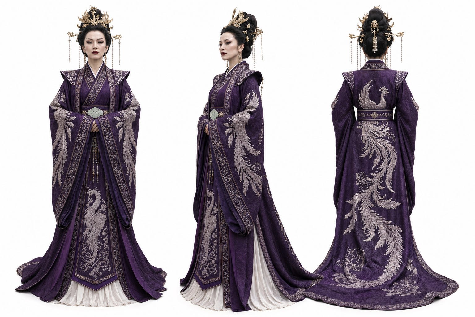 沈若雲 · 服裝全身三視圖（深紫錦袍）